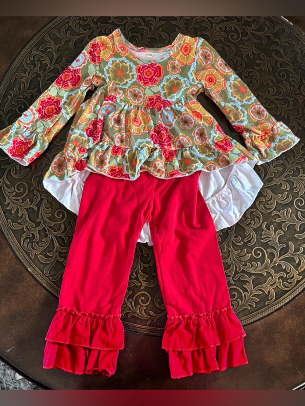 Floral Peplum Top & Ruffle Leggings Set - Red, Green, Orange
